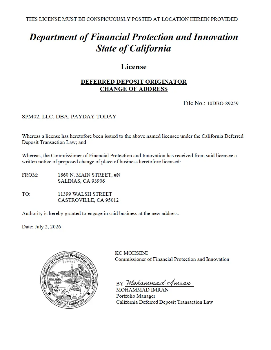 Department of Financial Protection and Innovation State of California License